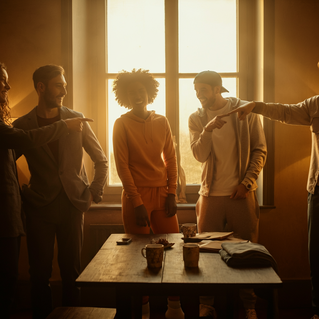 A group of friends gathered around a table, laughing and pointing at each other's clothing. Warm, golden hour lighting streams through a nearby window.