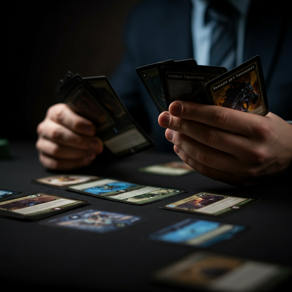 A player thoughtfully examines their stable, focusing on the text of each card. The cards are side-lit, emphasizing the texture of the card stock.