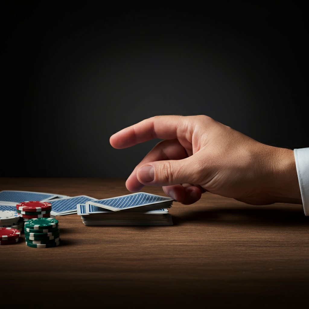 A hand reaching for the top card of a face-down deck. The lighting is soft and even, highlighting the texture of the cards and the tabletop.