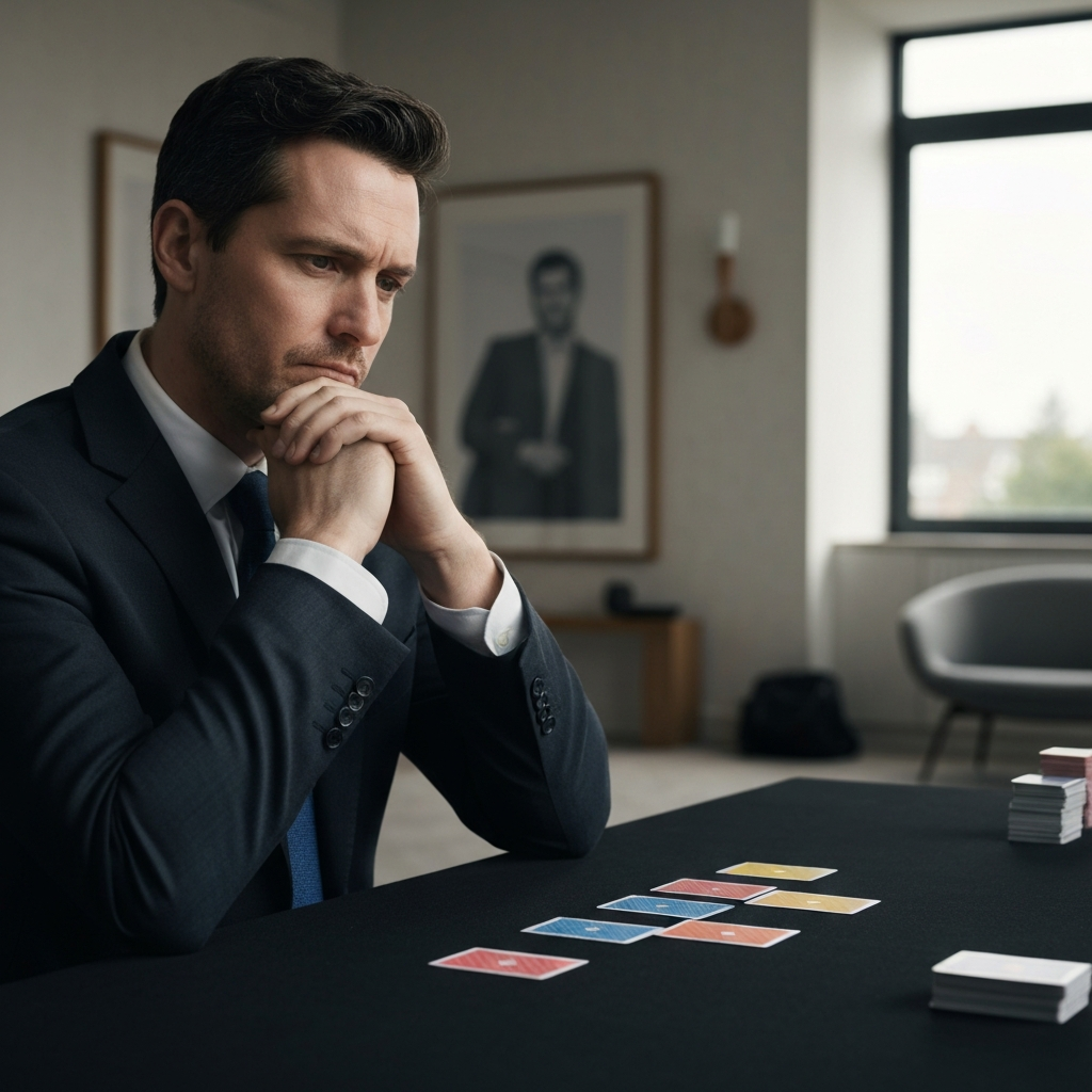 A player contemplating their hand, with different colored cards spread out before them. A slight frown indicates deep concentration.