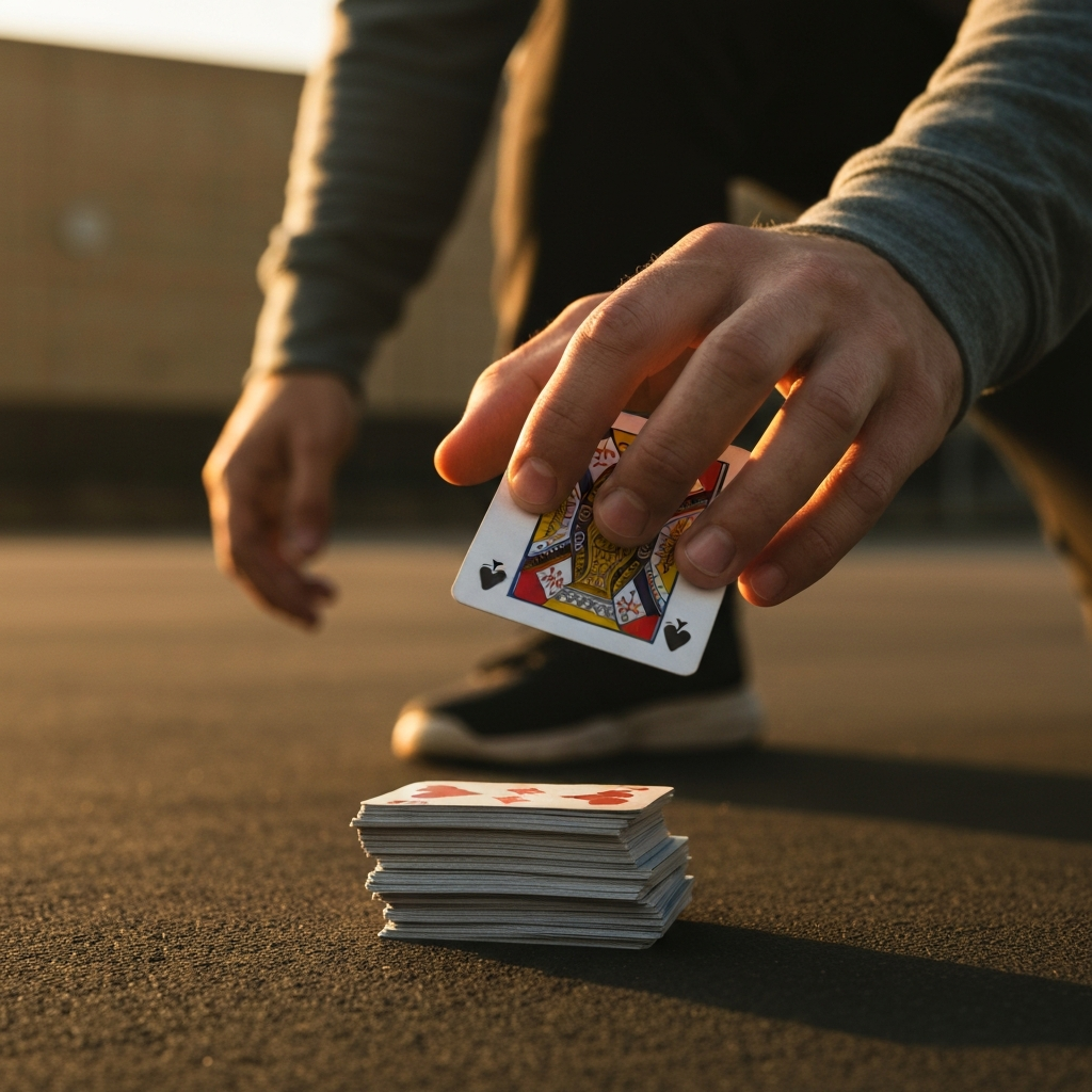 A player deliberately placing a card face-up onto a discard pile. The discarded card is slightly blurred, suggesting a sense of finality.
