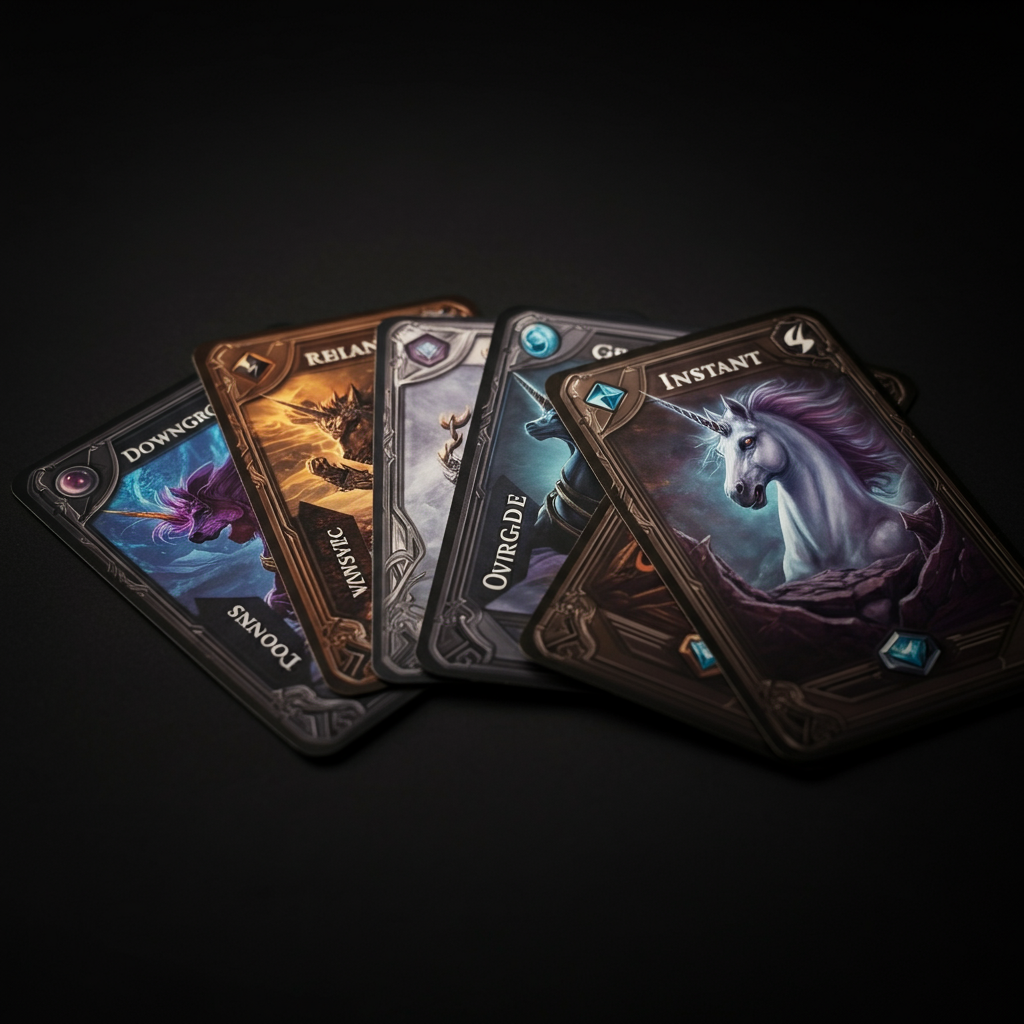 Close up of five different card types (Unicorn, Magic, Downgrade, Upgrade, Instant) arranged artfully. Focus is on the texture and color variations of each card type.