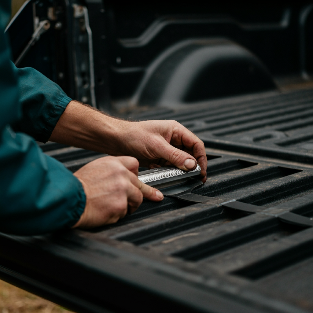 Close up shot of a person's hands inspecting the welds on an ATV ramp extender, with soft focus on the background showing a pickup truck bed.