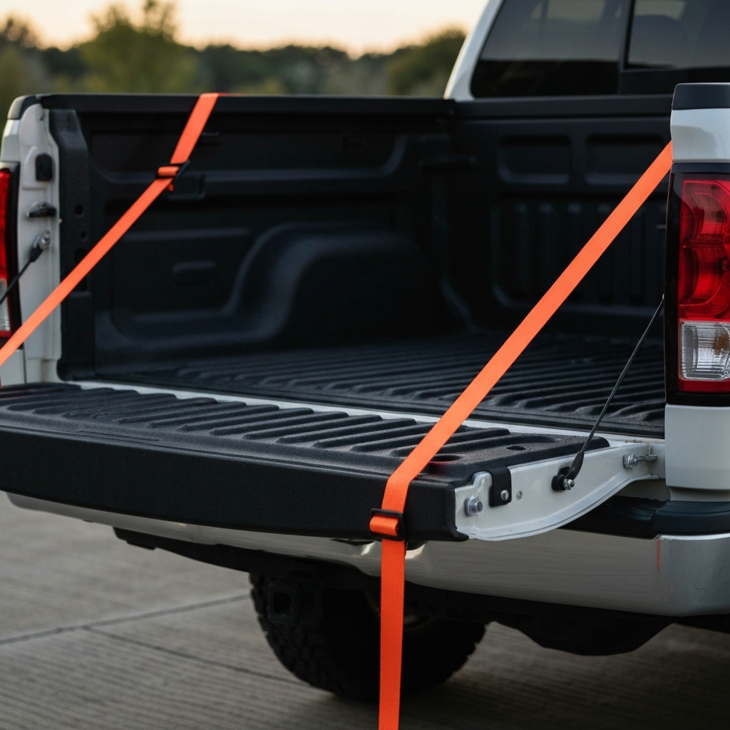 Medium shot of an ATV ramp extender securely attached to the tailgate of a pickup truck. The straps are brightly colored and taut. Golden hour lighting emphasizes the texture of the metal and the truck bedliner.