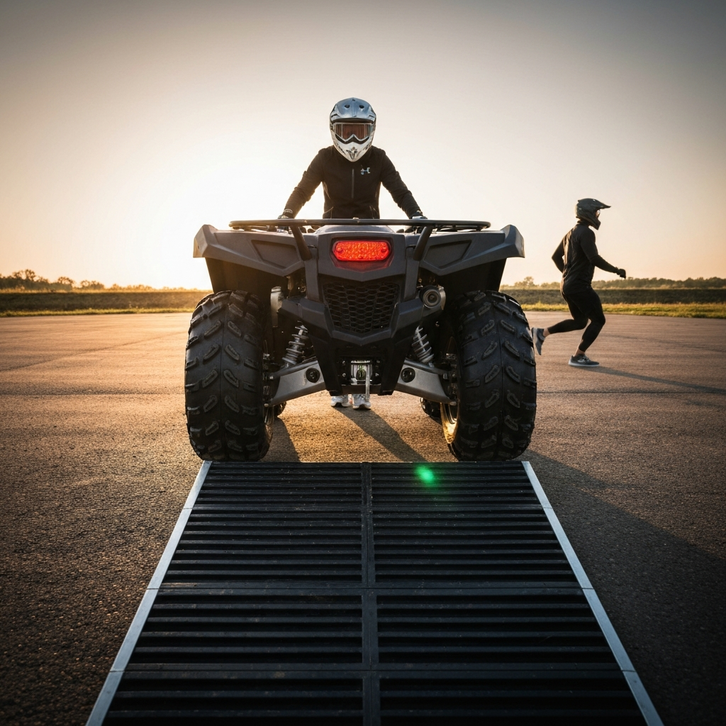 Overhead view of an ATV positioned in front of a ramp extender, showing the alignment of the tires with the ramp runners. The composition is symmetrical, and the focus is sharp on the tires and ramp.