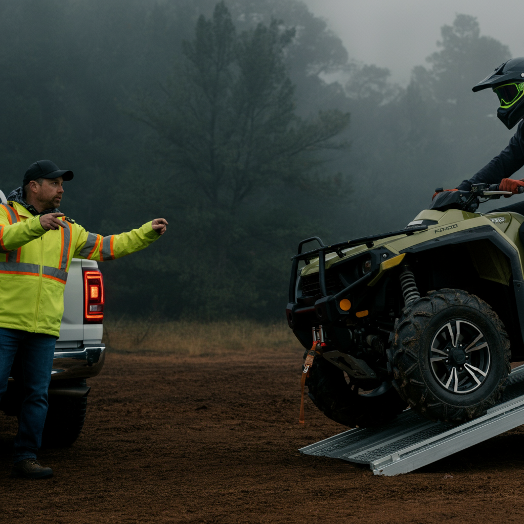 A man wearing a safety vest stands beside a pickup truck, gesturing to a person on an ATV preparing to load onto a ramp. Soft bokeh in the background blurs the surrounding landscape.