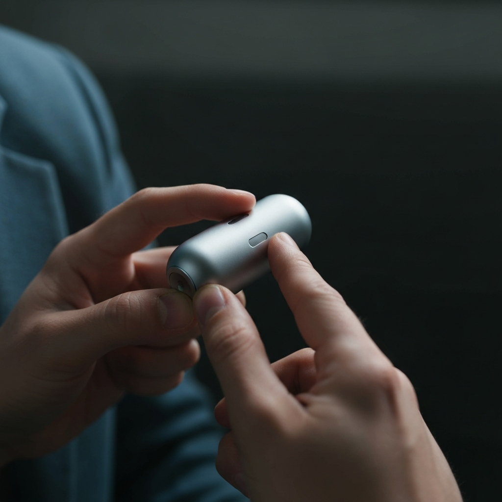 Close-up shot of hands pressing the noise control button and digital crown of the AirPods Max, with soft focused ambient light emphasizing the textures of the aluminum and fabric.