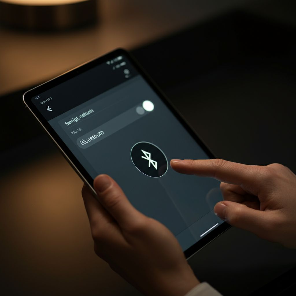 A hand using a touchscreen on an iPad, the Bluetooth settings page is open, and the Bluetooth toggle switch is visible with a shallow depth of field and cool lighting.