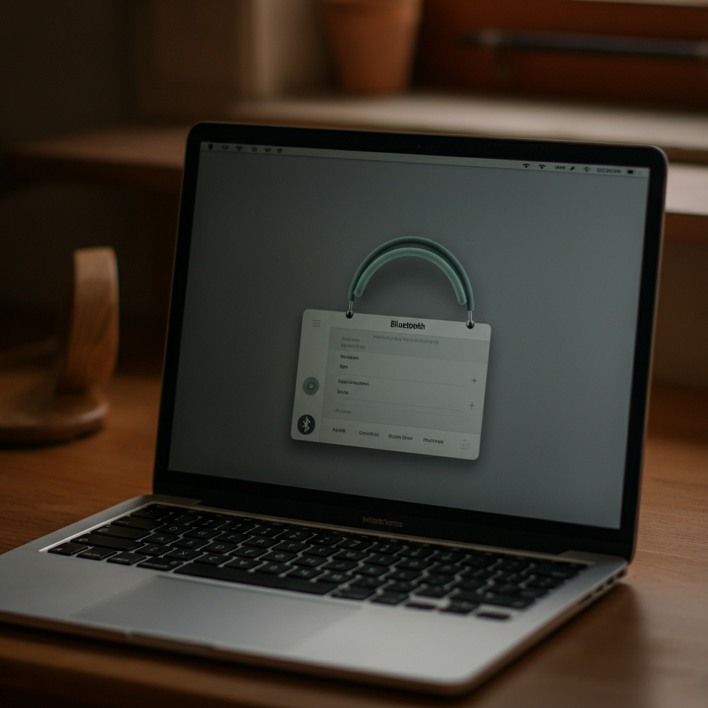 A MacBook Pro sits on a wooden desk, displaying Bluetooth settings with AirPods Max highlighted. Soft, diffused lighting from a window illuminates the scene.