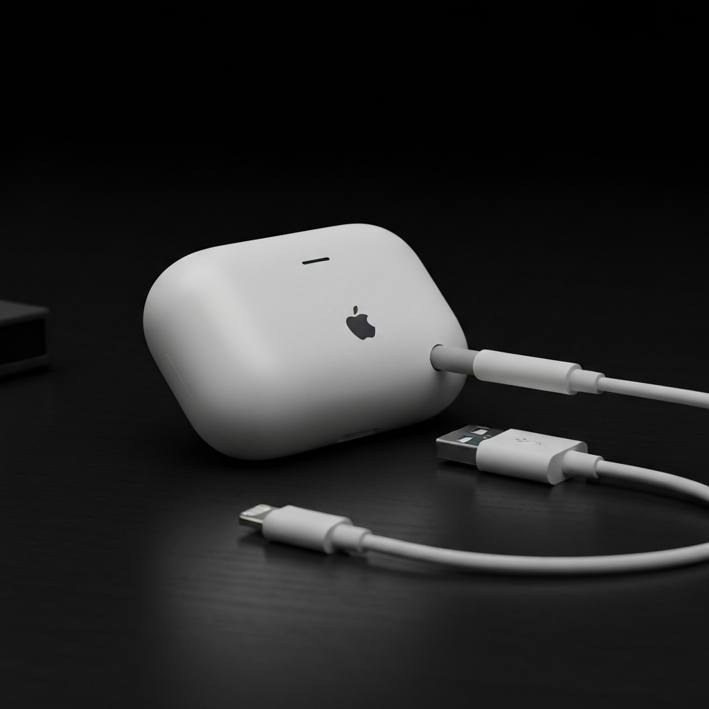 AirPods Max resting on a desk, connected to a USB-C to Lightning cable, plugged into a power adapter. The scene is side-lit, highlighting the texture of the earcups and cable.