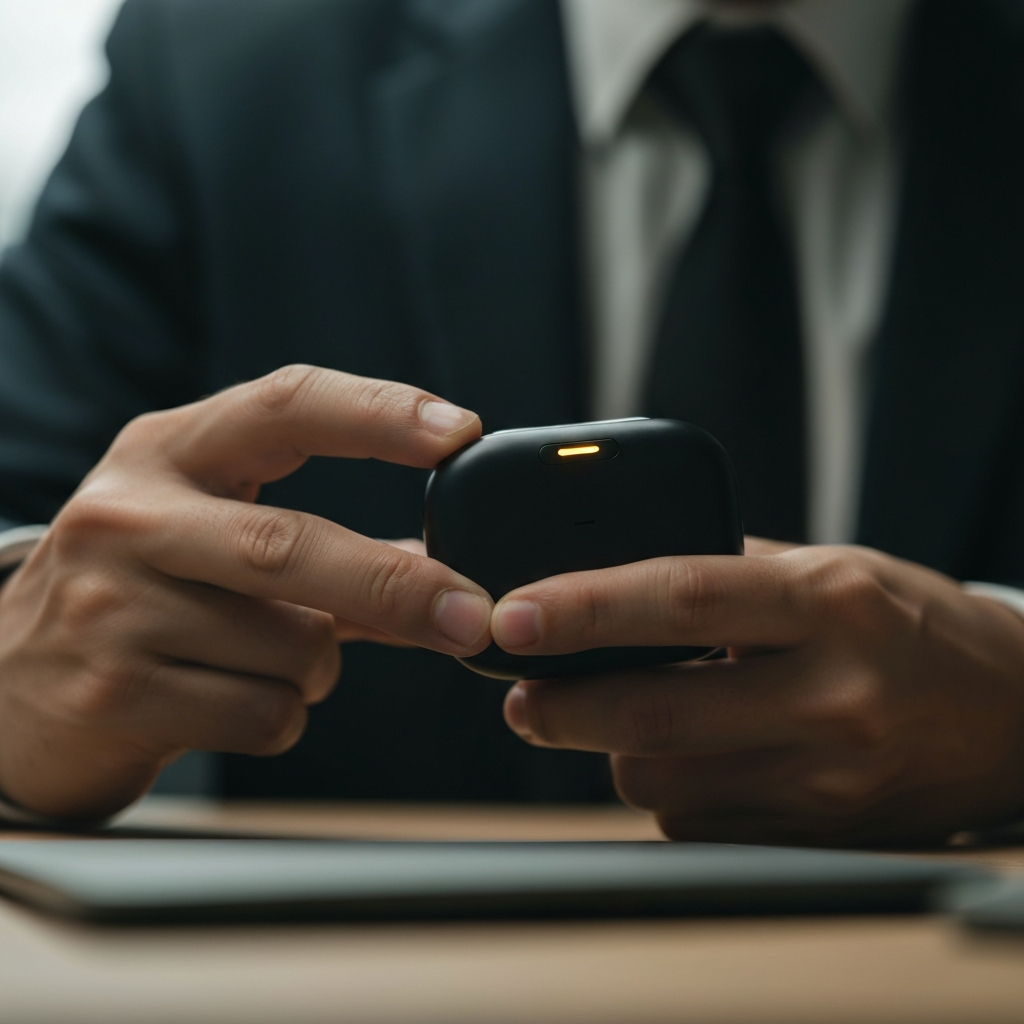 Close-up of fingers pressing and holding the buttons on AirPods Max. The light on the device is emitting a faint amber glow. The background is a blurred workspace.