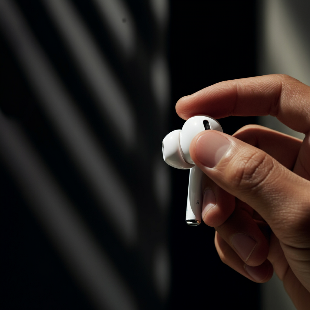 A person wearing AirPods Max, using the digital crown to adjust the volume. Focus is on the earcup and hand, with soft bokeh in the background.