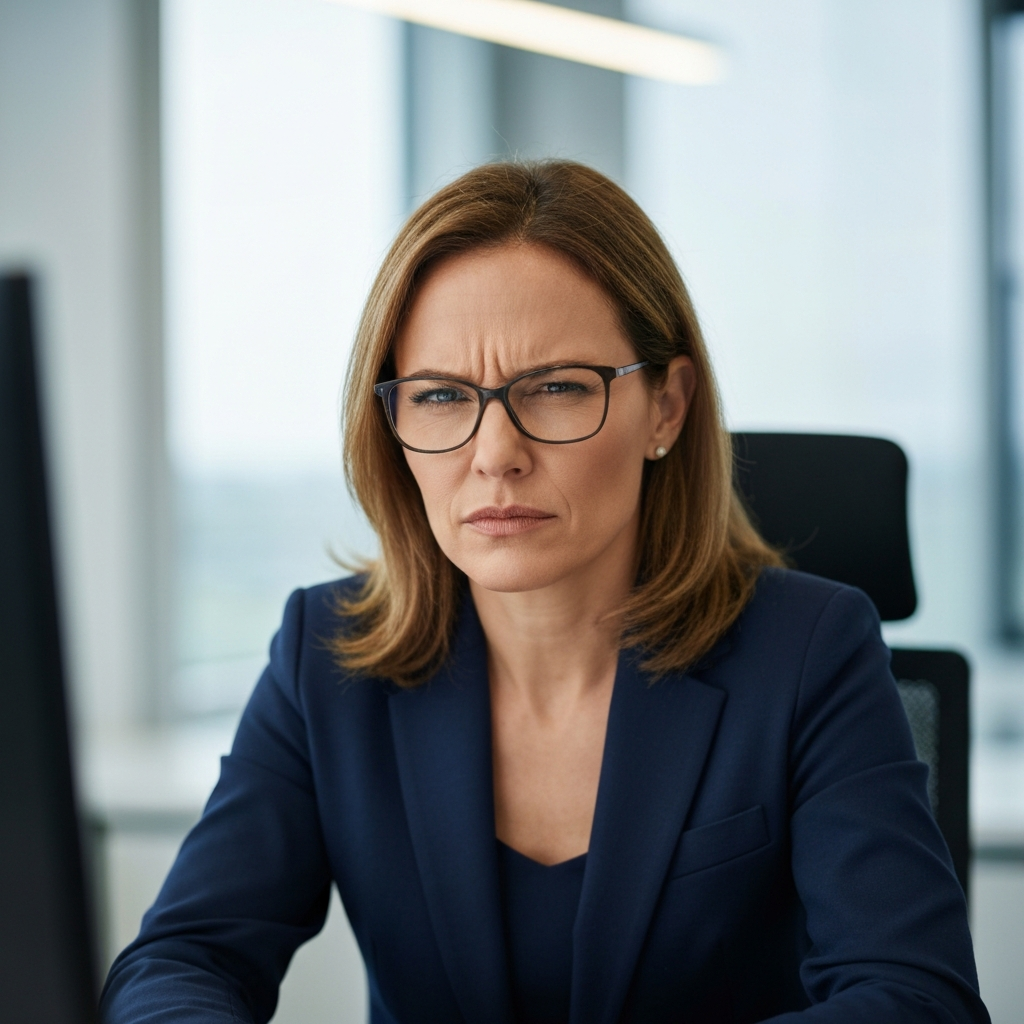 A medium shot of a woman with light brown hair, wearing a navy blue blazer and glasses, sitting at a desk. She is looking directly at the camera with a slight squint, her brow furrowed slightly. The background is a blurred office environment with soft, diffused lighting.