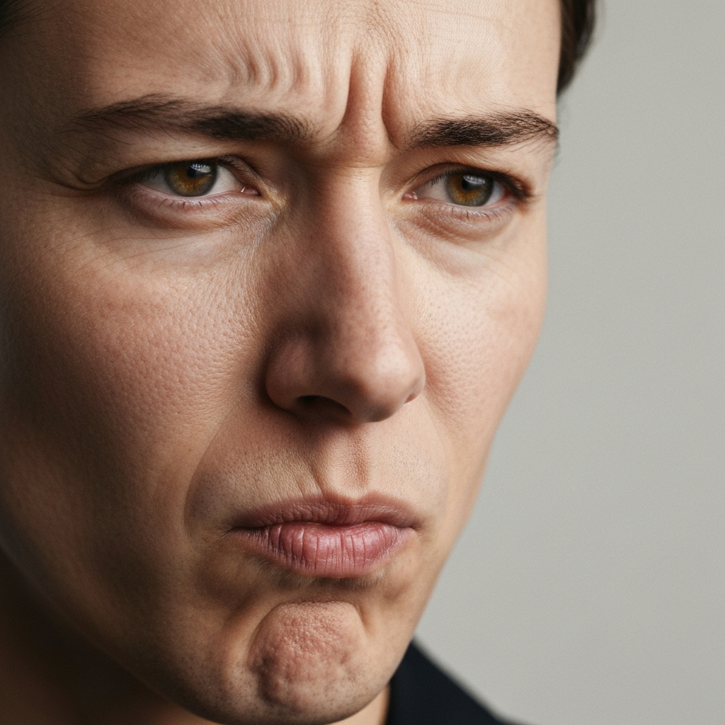 Close-up on a person's face. The person's eyes are slightly narrowed, nose wrinkled, and lips pursed in a distinct expression of disgust. The lighting is soft and even, highlighting the textures of the skin and the subtle muscle movements.