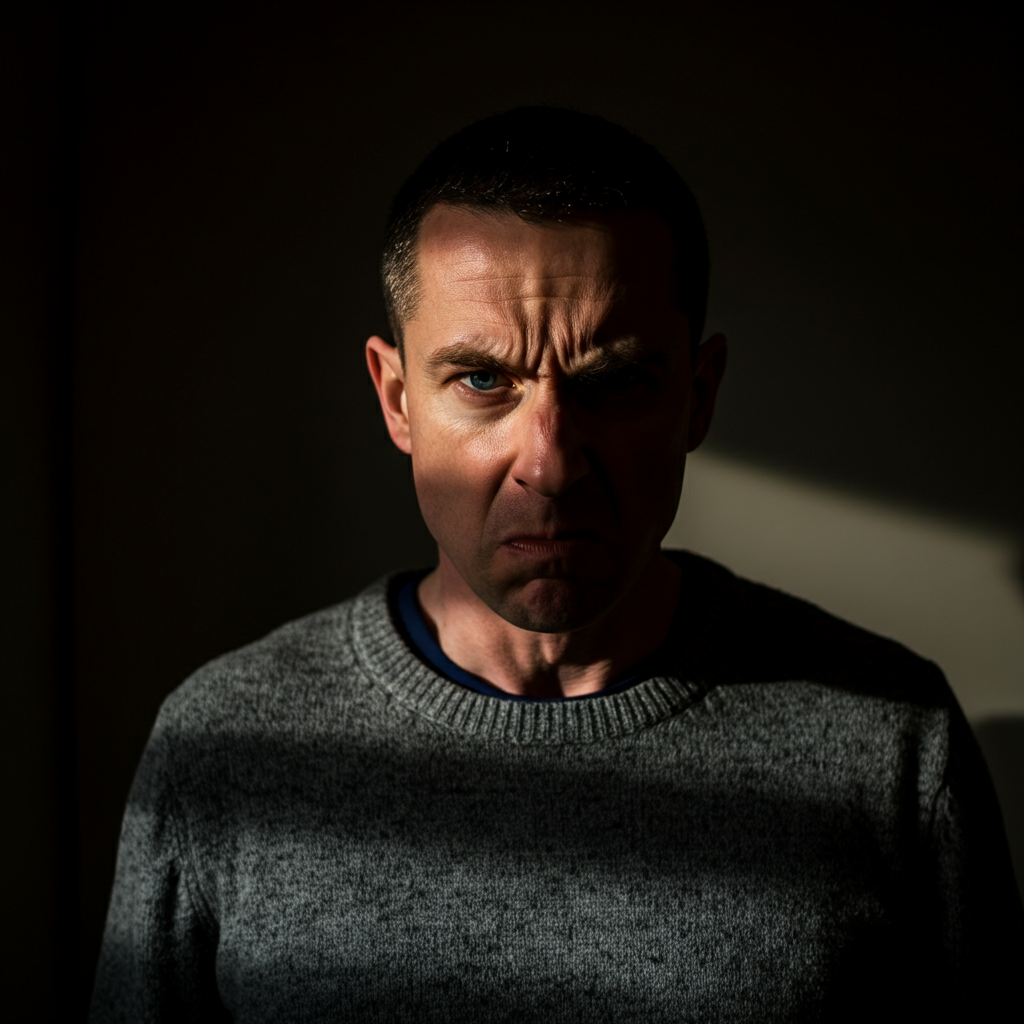 A man with short, dark hair, wearing a gray sweater, standing in a dimly lit room. His eyes are narrowed, eyebrows furrowed, and jaw clenched, conveying suppressed anger. The lighting is dramatic, casting shadows on his face.