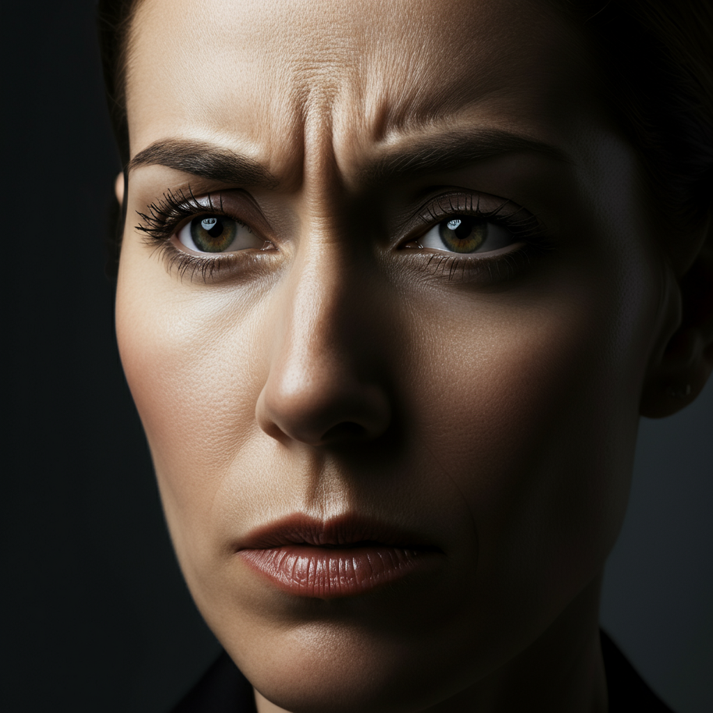 A close-up shot of a woman's face. She has narrowed eyes and is looking slightly to the side with a skeptical expression. The light is soft and natural, emphasizing the texture of her skin.