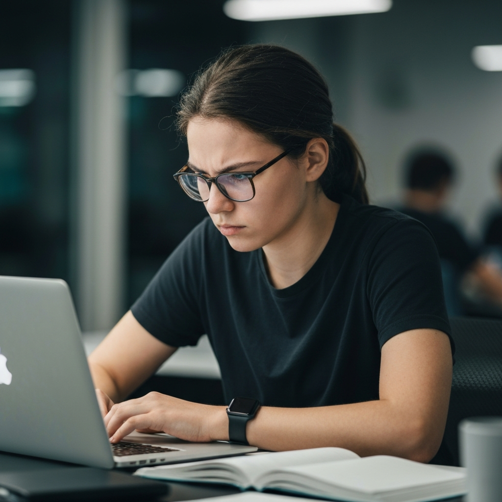 A young person with glasses, wearing a dark t-shirt, sitting at a desk with a laptop. They are leaning forward slightly, eyes narrowed in concentration as they stare at the screen. The background is blurred, suggesting a busy study environment.