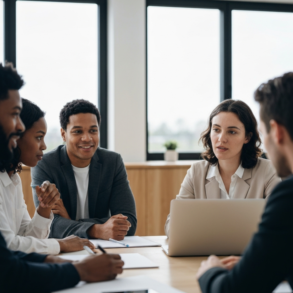 A diverse group of people are sitting around a table, engaged in a lively discussion. The focus is on their faces, capturing their expressions and interactions with soft, natural lighting and shallow depth of field.