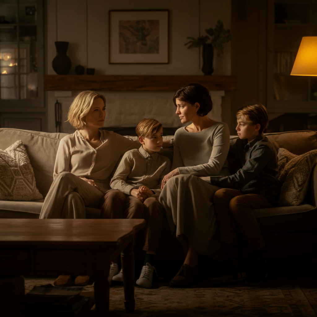 A warmly lit living room with a family of four sitting comfortably on a couch, engaged in a thoughtful conversation. Soft bokeh background with a fireplace. Natural textures on the throw pillows and wooden furniture.