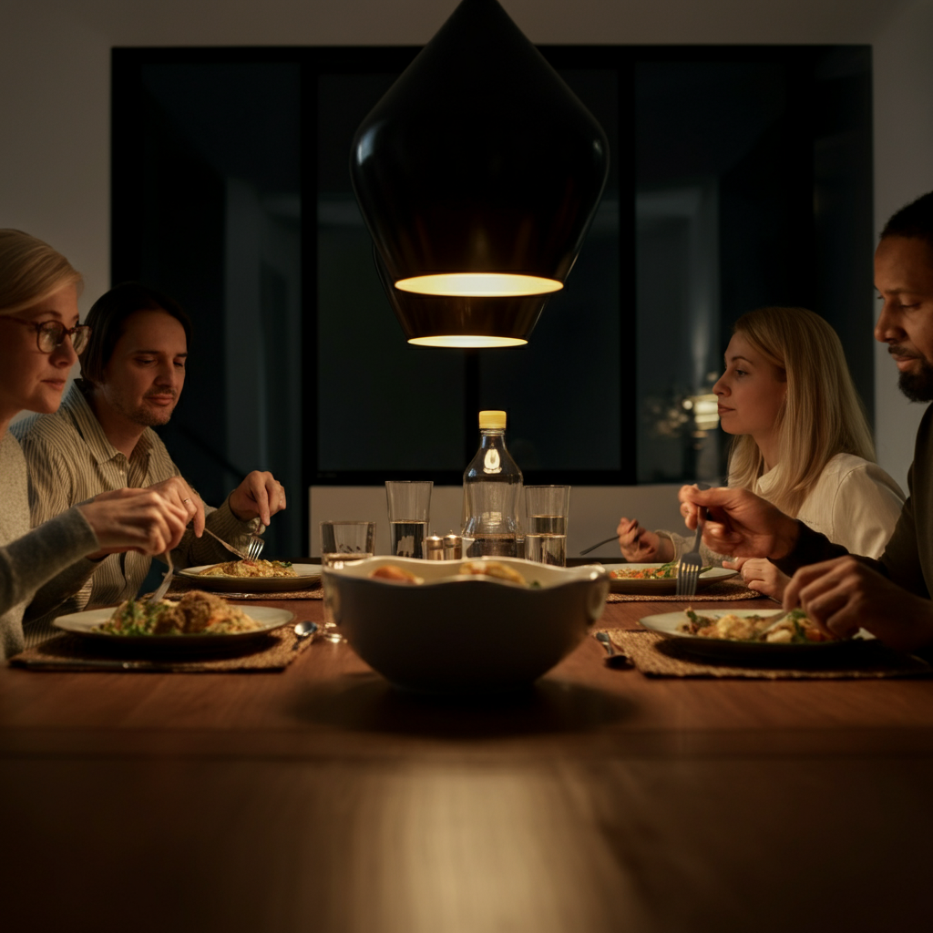 A dining table with soft, diffused light illuminating a family of five enjoying a meal together. Plates and cutlery are arranged neatly, and the faces of the family members are filled with smiles. Focus on the texture of the wooden table and the vibrant colors of the food.