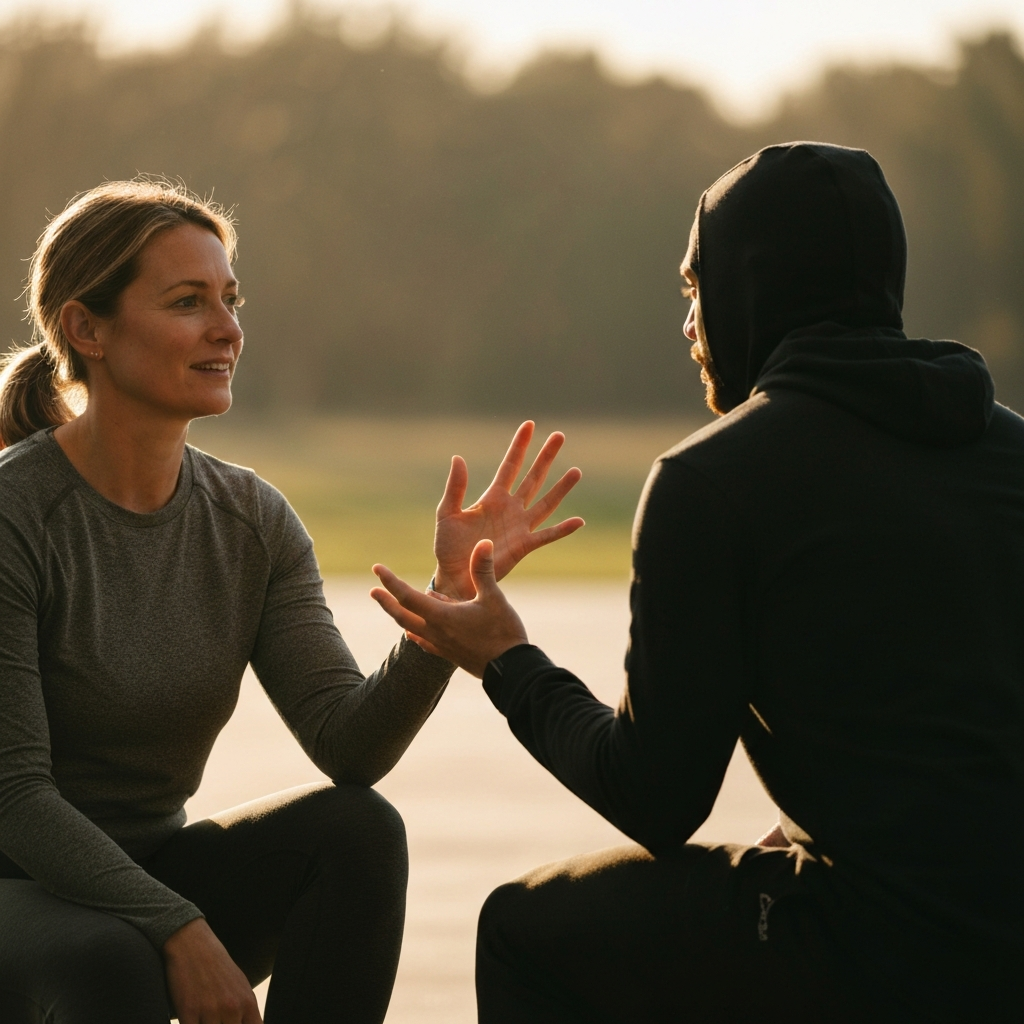 Two people are sitting across from each other, bathed in soft, natural light. One person is actively listening, with a gentle expression and direct eye contact, while the other person speaks with open body language. The background is blurred, drawing attention to their connection.