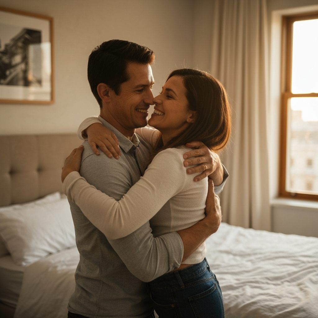 A parent embracing their child in a warmly lit bedroom. The room is decorated with soft colors and textures. Focus on the warmth of the embrace and the genuine smiles on their faces. Golden hour lighting coming through the window.