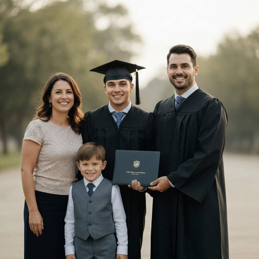 A family stands together at a graduation ceremony, smiling proudly. The graduate is holding a diploma. The background is slightly blurred, emphasizing the family's unity. Natural lighting with a soft focus.