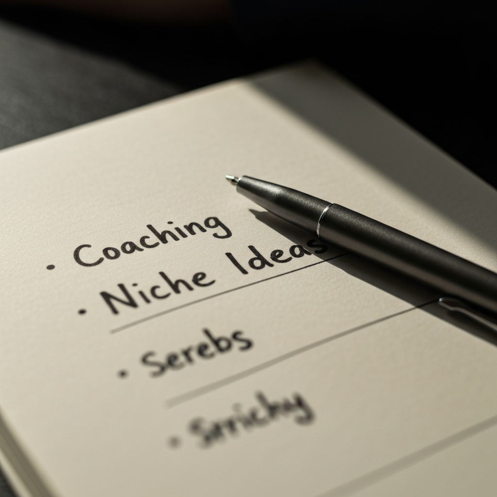 A close-up shot of a handwritten list titled "Coaching Niche Ideas" on a notepad, with a pen resting on top. Soft, natural light illuminates the textured paper, highlighting the ink strokes and the slight sheen of the pen barrel. Shallow depth of field to blur the background.