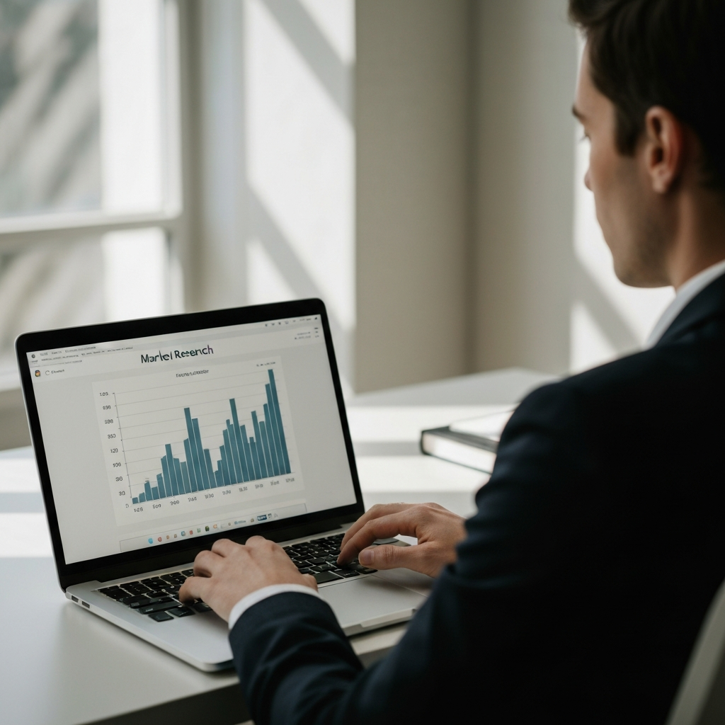 A professional office setup with a person working on a laptop. The screen displays a market research graph. Soft, diffused lighting fills the room, casting subtle shadows on the person's face and the laptop keyboard. The background is slightly blurred to emphasize the focus on the screen and the person's engagement.