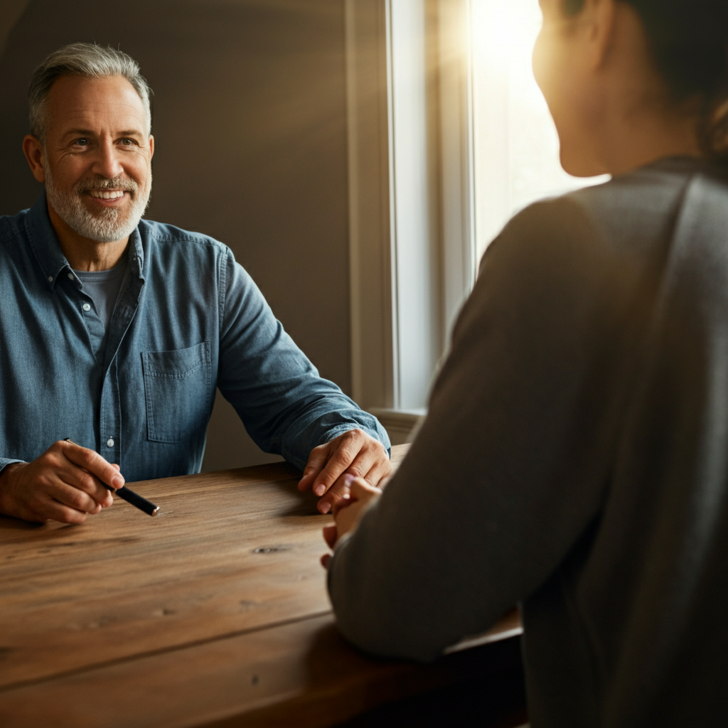 A coach sitting across from a client at a wooden table, both are smiling and looking at each other. Sunlight streams through a nearby window, creating a warm, inviting atmosphere. Focus on the genuine smiles and connection between the coach and client.
