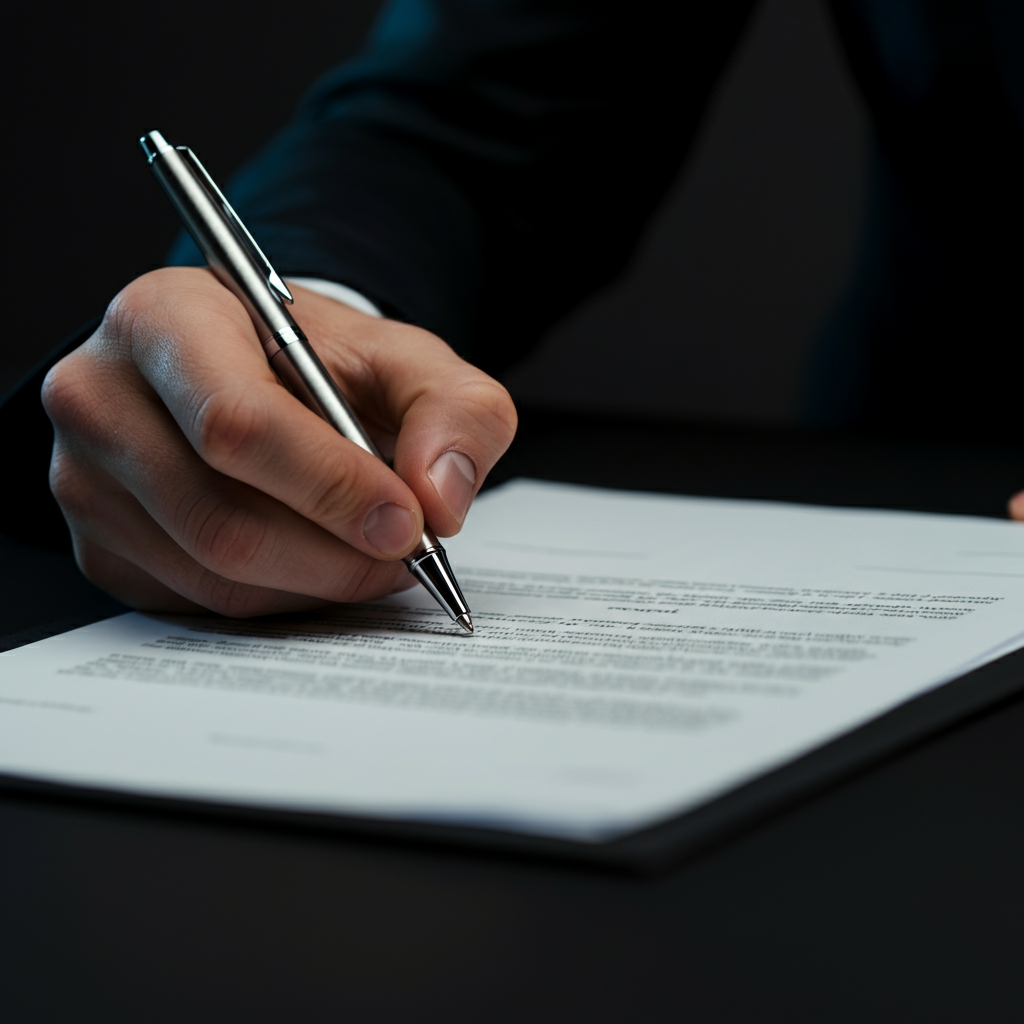 Close-up of a hand signing a business contract on a well-lit desk. The pen is silver, and the contract has a watermark. Focus is on the hand, pen, and the signature area of the document. Soft, ambient lighting in the background.