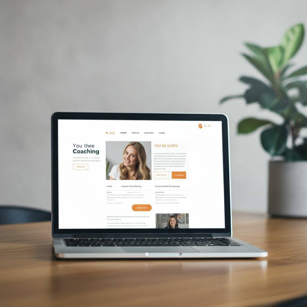 A laptop displaying a coaching website with a clean and professional design. The website features a photo of the coach and a clear call-to-action button. The laptop is placed on a modern desk with a plant in the background. Soft focus on the background.