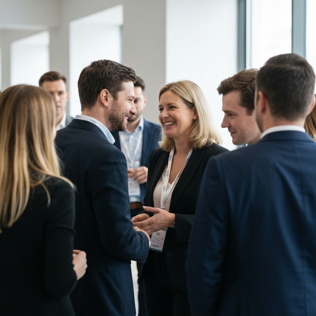A group of professionals networking at a conference. The scene is well-lit with soft, even lighting, capturing the smiles and handshakes between people. Focus on the positive energy and genuine connections being made.