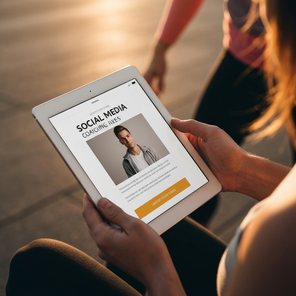 A person designing a social media ad for their coaching business on a tablet. The ad features a compelling image and a clear call-to-action. The background is blurred to focus on the tablet screen and the person's hands.