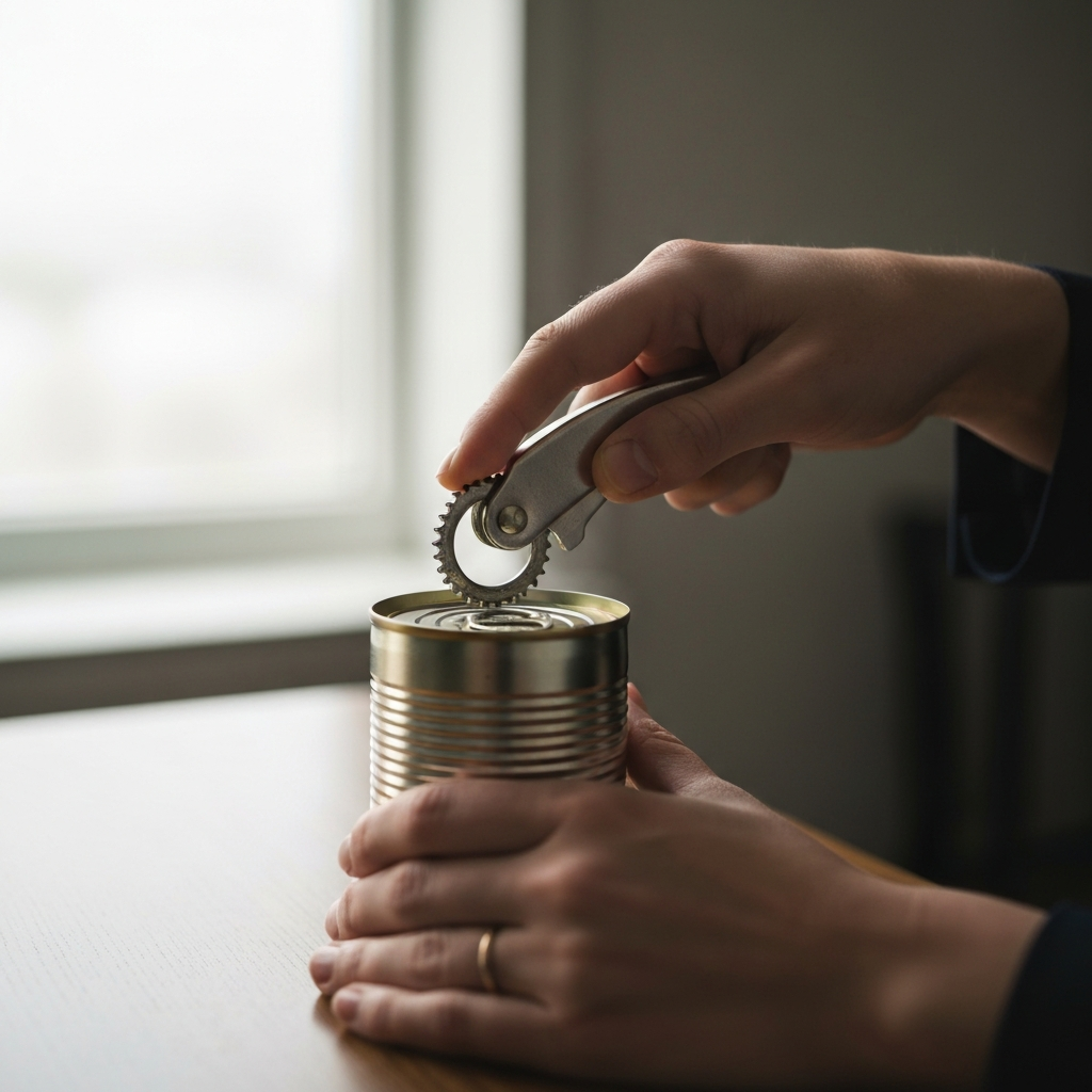 Close-up shot of a hand using a manual can opener on a can. Focus on the teeth of the wheel gripping the can's rim. Soft, diffused light from a nearby window illuminates the scene.