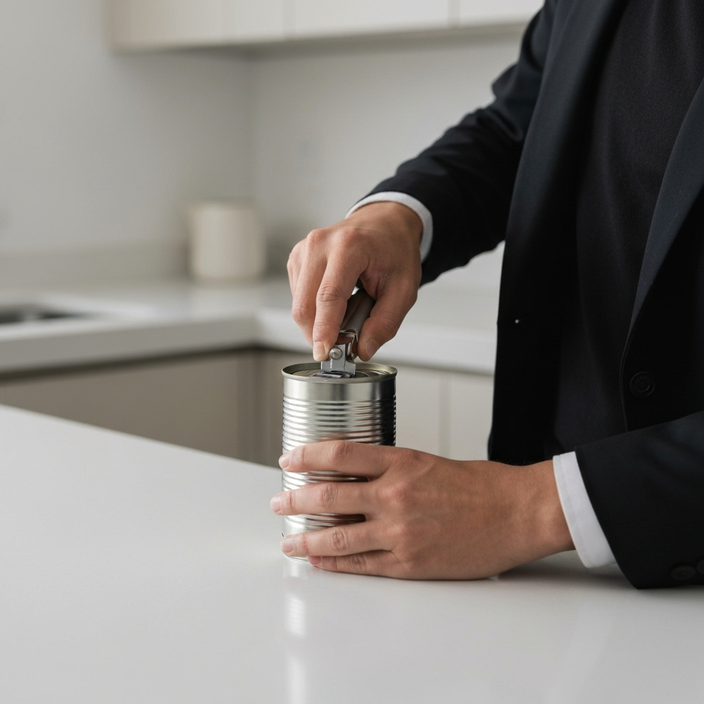 Medium shot of a person using a manual can opener, showing the can opener rotating around the can. The background is a clean kitchen counter. The lighting is bright and even.