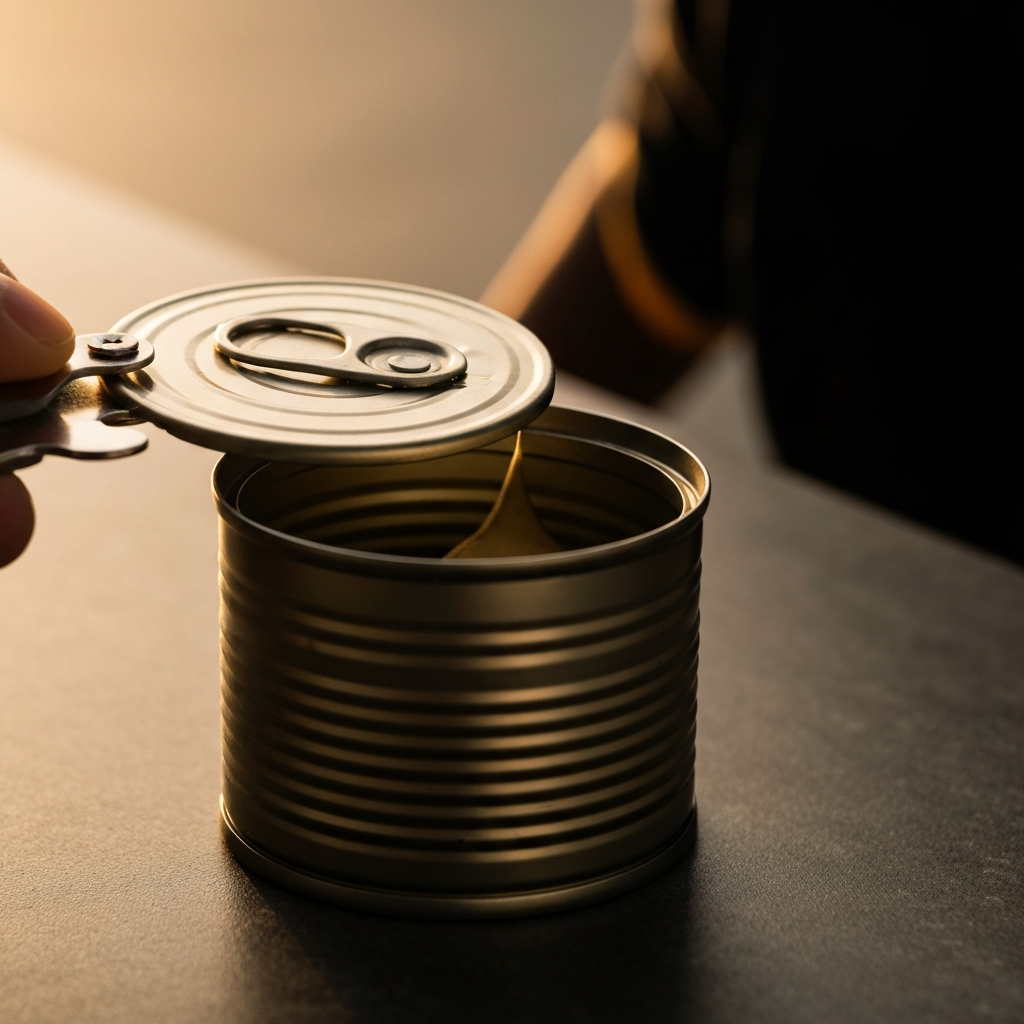 Close-up shot of a can opener lifting the lid of a can. The lid is slightly raised, revealing the contents of the can. The lighting is soft and focused on the lid's edge.