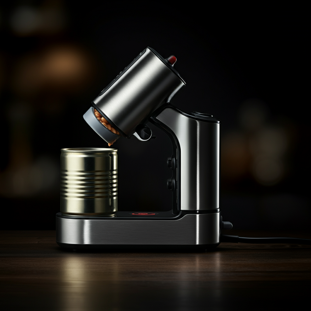 A modern electric can opener with a stainless steel finish, side-lit to show its texture. A can of beans is positioned correctly for opening. The background is blurred in soft bokeh.