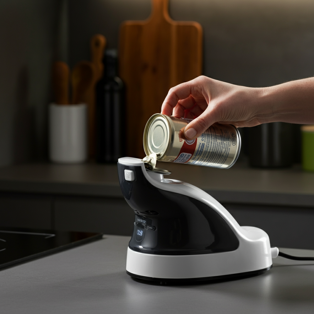 A person removing an opened can from an electric can opener. The lid is held securely by the opener's magnet. Professional, bright kitchen setting.