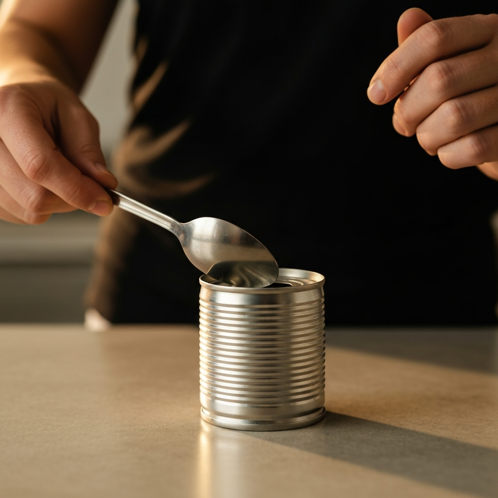 A person using the edge of a metal spoon to rub against the groove of a can's lid, creating a puncture. Focus on the point of contact between the spoon and the can. Clean, well-lit kitchen setting.