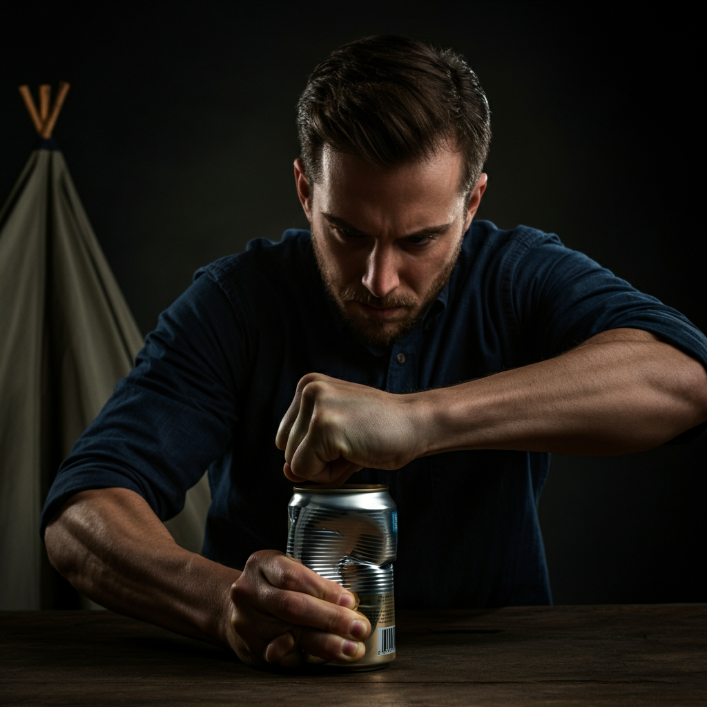 A man with strong hands attempting to bend a can in half at its central grooves. His brow is furrowed in concentration. The setting is a simple outdoors camp.