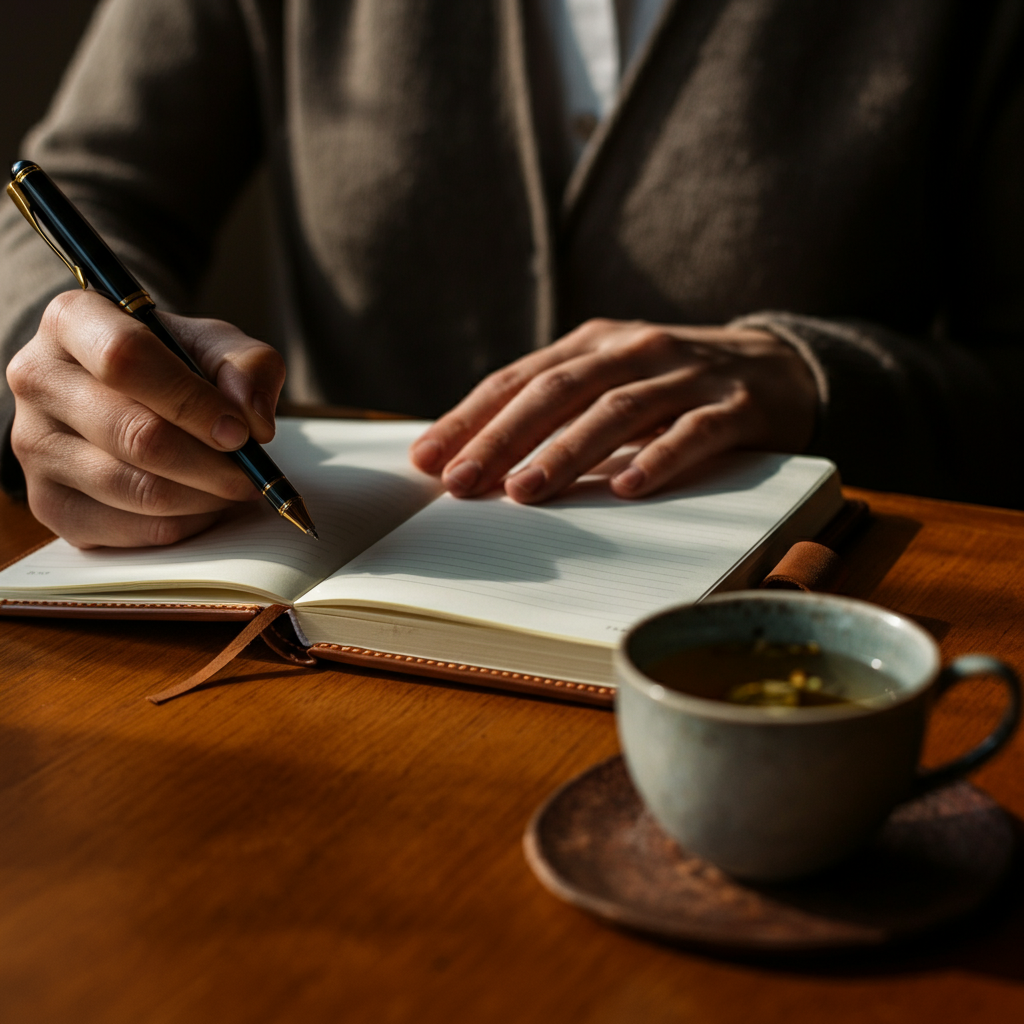 Close-up shot of a person's hands writing in a small, leather-bound notebook with a pen. The notebook is open on a wooden table, and a cup of herbal tea sits nearby. Soft, natural light streams in from a window, creating a warm and inviting atmosphere.