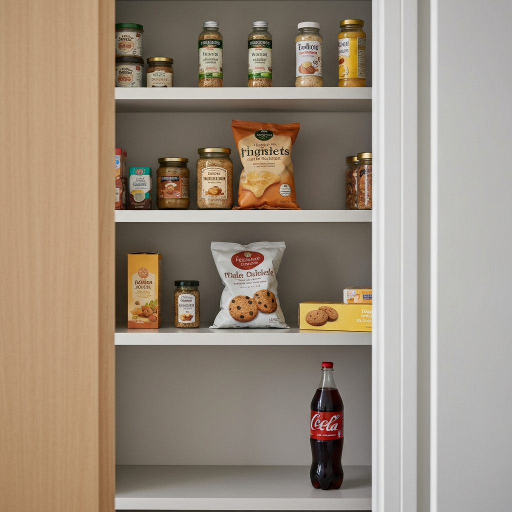 A well-organized kitchen pantry with shelves stocked with various food items. Focus on a section containing common trigger foods: a jar of peanut butter, a bag of chips, a bottle of soda, and a box of cookies. Soft lighting highlights the textures of the packaging.