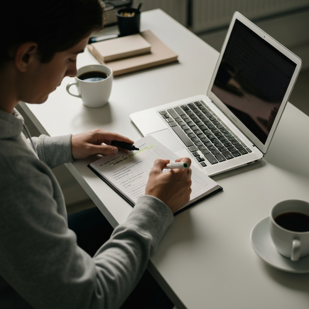A person sitting at a desk, reviewing a food journal. They are using a highlighter to mark specific entries. The desk is neat and organized, with a laptop and a cup of coffee nearby. The lighting is bright and focused.