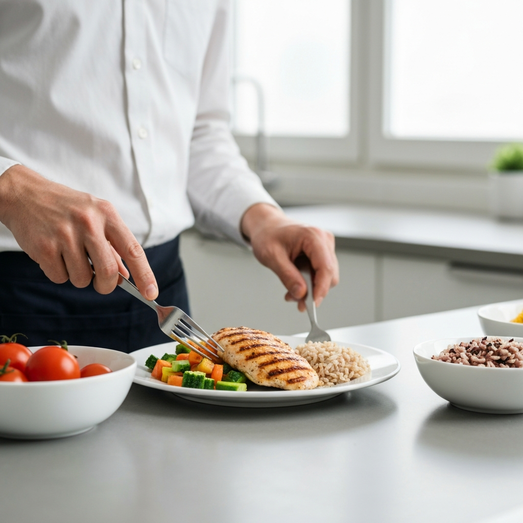 A person preparing a healthy meal in a bright, clean kitchen. The meal consists of grilled chicken, steamed vegetables, and brown rice. The focus is on the fresh ingredients and the careful preparation.