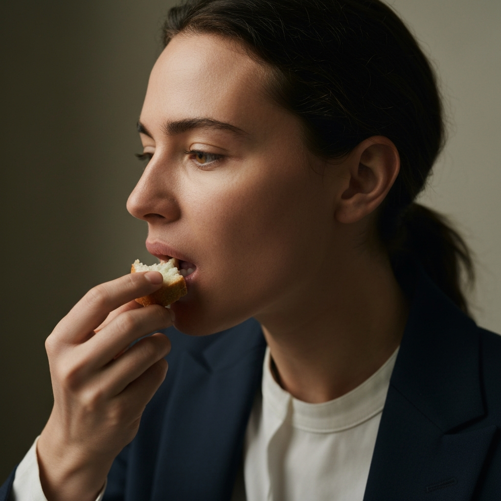 A close-up shot of a person eating a small portion of a specific food, such as a slice of bread or a piece of fruit. Their expression is attentive, and they are focused on the taste and texture of the food. The lighting is soft and diffused.