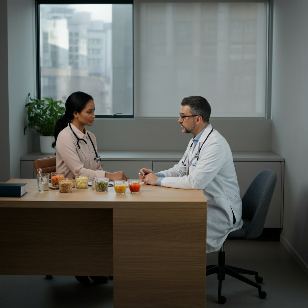 A doctor or registered dietitian sitting at a desk, talking to a patient. They are reviewing the patient's food journal and discussing their symptoms. The atmosphere is professional and supportive.