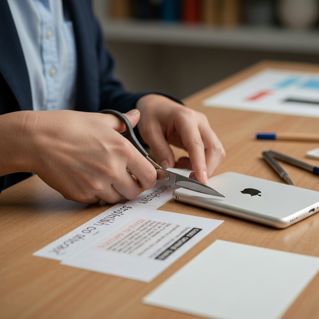 Close-up shot of a hand using sharp scissors to precisely cut a sticky-back label on a well-lit crafting table. The iPod rests beside the label for reference, with soft bokeh on the background craft supplies.