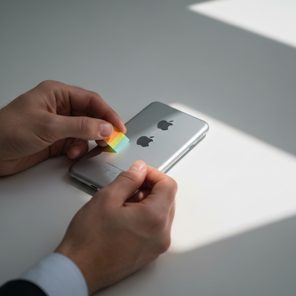A person's hands carefully applying a colored sticky-back label to the back of a silver iPod. Soft, diffused light illuminates the iPod, highlighting the texture of the brushed metal.