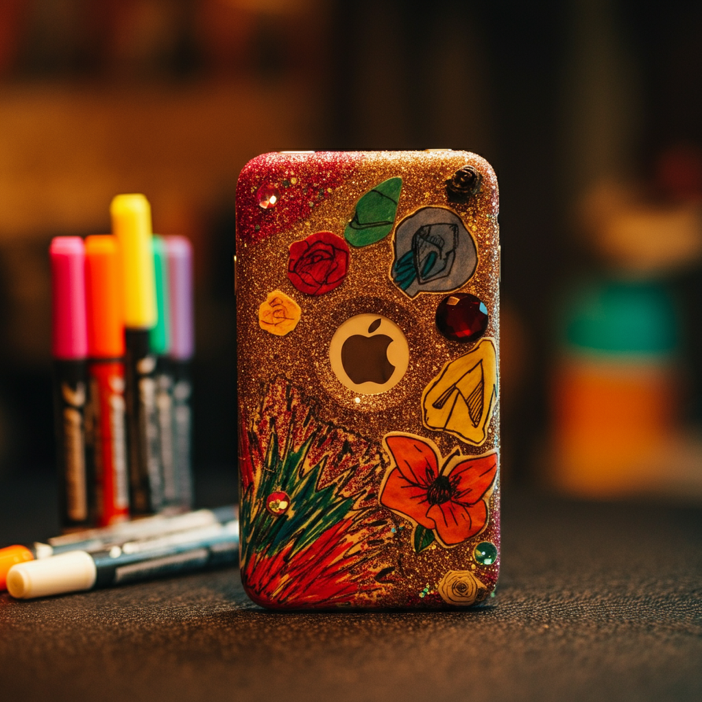 A close-up of an iPod's back, covered in colorful drawings, stick-on rhinestones, and glitter. The scene is brightly lit, capturing the vibrancy and details of the decorations. A few markers and sticker sheets are visible in the out-of-focus background.